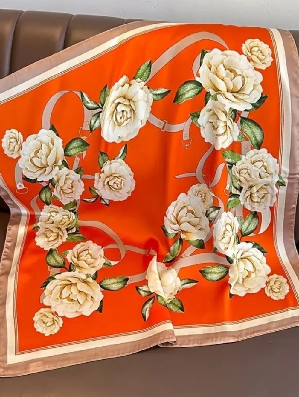 Silk-feel Floral  Scarf in Vibrant Orange Head Scarf , Neck Scarf